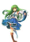  absurdres anthiea arm_up bare_shoulders boots detached_sleeves frog_hair_ornament gohei green_hair hair_ornament highres kochiya_sanae long_hair midriff shirt skirt smile snake solo touhou upskirt wide_sleeves yellow_eyes 