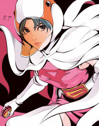  1girl belt bird cape character_request closed_mouth commentary_request copyright_request cowboy_shot elbow_gloves eyelashes gloves goose grey_eyes grey_hair holding limited_palette lips looking_at_viewer pink_shirt shirt signature solo spot_color takanashi_shin thigh-highs white_belt white_cape white_gloves white_thighhighs 