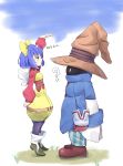  ? black_mage blue_eyes blue_hair child eiko_carol final_fantasy final_fantasy_ix gloves hat highres pantyhose side snowflyer striped striped_legwear sweatdrop tiptoes translated translation_request vivi_ornitier white_wings wings wizard_hat 