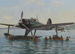  6+boys a6m2-n absurdres acrylic_paint_(medium) aircraft airplane atelier_bono floatplane harbor highres military_vehicle mountainous_horizon multiple_boys ocean original painting_(medium) partially_submerged propeller propeller_fighter seaplane sky swimming traditional_media vehicle_focus 