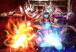 2boys absurdres blue_eyes bodysuit brown_armor flying_kick full_body glowing glowing_eyes highres kamen_rider kamen_rider_gavv kamen_rider_gavv_(blizzardsorbet_form) kamen_rider_gavv_(series) kamen_rider_valen kamen_rider_valen_frappe_custom kicking male_focus multiple_boys otokamu purple_bodysuit red_eyes reiei_8 rider_kick tokusatsu