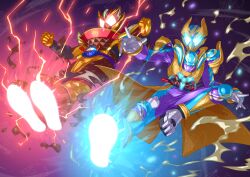  2boys absurdres blue_eyes bodysuit brown_armor flying_kick full_body glowing glowing_eyes highres kamen_rider kamen_rider_gavv kamen_rider_gavv_(blizzardsorbet_form) kamen_rider_gavv_(series) kamen_rider_valen kamen_rider_valen_frappe_custom kicking male_focus multiple_boys otokamu purple_bodysuit red_eyes rider_kick tokusatsu 