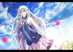  adapted_costume ahoge bare_shoulders blue_eyes braid cloud dutch_angle highres ia_(vocaloid) letterboxed long_hair looking_at_viewer mismatched_legwear paparins petals skirt sky smile solo twin_braids very_long_hair vocaloid 