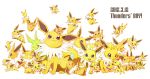  :3 :d alternate_color aqua_eyes character_name clone closed_eyes dated english eyes_closed green_eyes grin highres jolteon no_humans odd_one_out open_mouth pokemon pokemon_(creature) pokemon_(game) pokemon_rgby purple_eyes shiny_pokemon simple_background sleeping smile sparkle too_many violet_eyes wataametulip white_background 