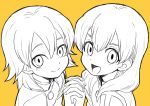  2boys bust crossover face holding_hands inazuma_eleven inazuma_eleven_(series) inazuma_eleven_go kariya_masaki long_hair looking_at_viewer male_focus miyasaka_ryou monochrome multiple_boys open_mouth riho simple_background smile time_paradox yellow_background 