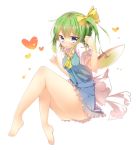  ascot bare_legs barefoot blue_eyes bow daiyousei dress feet green_hair hair_bow heart highres kurean legs no_panties short_hair side_ponytail simple_background solo touhou white_background wings 
