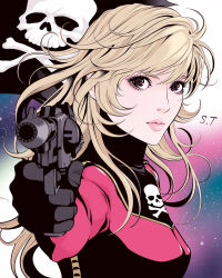  1girl aiming aiming_at_viewer black_gloves blonde_hair bodysuit bone_print breasts closed_mouth commentary_request eyelashes eyeshadow flag gloves gun harlock_saga holding holding_gun holding_weapon kei_yuki limited_palette long_hair looking_at_viewer makeup pink_bodysuit pink_lips signature skull_and_crossbones skull_print sky small_breasts solo spot_color star_(sky) starry_sky takanashi_shin uchuu_kaizoku_captain_harlock upper_body violet_eyes weapon 