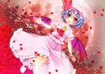  :d ascot bad_id bat_wings blue_hair bow chain chains dress fence flower footwear full_moon hat hat_bow moon nekosugiayana open_mouth petals red_eyes red_moon red_rose remilia_scarlet rose smile socks solo touhou wings wrist_cuffs 