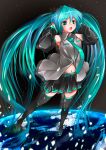  aqua_eyes aqua_hair boots detached_sleeves hands_on_headphones hatsune_miku headphones highres magu_(mugsfc) navel neckerchief open_mouth planet skirt smile solo space star_(sky) thigh-highs thigh_boots thighhighs twintails vocaloid 
