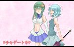  adapted_costume aoshima bare_shoulders blue_hair center_opening detached_sleeves green_hair hair_ornament heart kochiya_sanae letterboxed long_hair midriff multiple_girls navel open_mouth pyonta short_hair skirt smile snake tatara_kogasa taut_shirt touhou translated translation_request umbrella yuri 