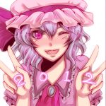  2012 :d dated double_v fang hat lowres open_mouth pink_eyes purple_hair remilia_scarlet shisei_(kyuushoku_banchou) smile solo touhou v 