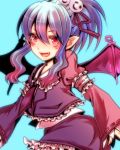  :d alwen_du_moonbria bat_wings blue_background dress fang hair_ornament open_mouth pointy_ears purple_hair red_eyes shisei_(kyuushoku_banchou) simple_background sleeves_past_wrists smile solo wings zwei!! zwei_2 