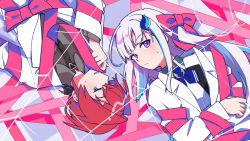  2girls ange_katrina ange_katrina_(4th_costume) averting_eyes black_necktie black_ribbon blue_eyes blue_hair blue_neckerchief bound bow closed_mouth coat collared_shirt colored_inner_hair commentary_request crossed_bangs embarrassed grey_shirt hair_intakes hair_ornament hair_ribbon highres lapels light_blush lize_helesta lize_helesta_(1st_costume) long_bangs long_hair long_sleeves low_ponytail multicolored_hair multiple_girls neckerchief necktie nijisanji notched_lapels parted_lips pink_bow pink_ribbon ponytail red_hair ribbon ribbon_bondage rotational_symmetry shirt short_ponytail sidelocks silk small_sweatdrop spider_web streaked_hair tonton1719 triangle_hair_ornament turning_head two-tone_hair upper_body violet_eyes virtual_youtuber white_coat white_hair white_shirt wrapped_up 