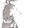  antlers black_hair closed_eyes dress eyes_closed hands_on_own_chest monochrome original solo traditional_media white_background yonezu_kenshi 