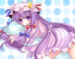  bow crescent dress hair_bow hat hat_ribbon highres long_hair lying ncatabc on_stomach patchouli_knowledge pillow purple_eyes purple_hair ribbon solo stiped touhou vertical_stripes violet_eyes 
