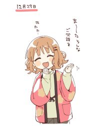  1girl :d ^_^ blunt_bangs blush_stickers brown_hair closed_eyes commentary_request cropped_legs facing_viewer fang furrowed_brow green_shirt green_shorts hair_ornament hairclip hands_up happi highres japanese_clothes long_sleeves namori oomuro_sakurako open_mouth red_happi shirt short_hair shorts simple_background smile solo translation_request white_background yuru_yuri 