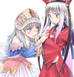  2girls atelier_(series) atelier_judie_alchemist_of_gramnad atelier_totori blue_eyes blush bow dress earrings finger_sucking grey_eyes hay headdress holding_hand jewelry judith_volltone long_hair multiple_girls silver_eyes silver_hair simple_background strapless_dress sucking suzushiro_yukari sweat tears totooria_helmold very_long_hair white_background wrist_grab yuri 