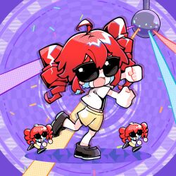 3girls ahoge alternate_costume black_shoes chibi crying dancing disco disco_ball drill_hair dual_persona hair_between_eyes highres kasane_teto liar_dancer_(synthesizer_v) midriff_peek multiple_girls open_mouth red_hair shirt shoes shorts standing standing_on_one_leg sunglasses twin_drills twintails utau white_shirt yellow_shorts zs_zealsummer