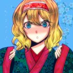  alice_margatroid blonde_hair blue_eyes blush flower hairband japanese_clothes kimono lowres petals shisei_(kyuushoku_banchou) sleeves_past_wrists solo touhou 