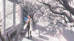  1girl air_conditioner black_hair black_necktie black_pantyhose black_shoes black_skirt bulletin_board cherry_blossoms coat collared_shirt colored_inner_hair commentary day hallway hand_in_pocket highres holding holographic_touchscreen indoors lab_coat lapel_pin lapels long_sleeves multicolored_hair necktie orange_eyes original overgrown pantyhose pink_hair red_shirt robot rubble scenery shirt shoes short_hair shurock skirt solo standing striped_necktie sunlight tree white_coat wide_shot window 