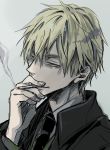  axis_powers_hetalia blonde_hair cigarette formal green_eyes holding hsg_(pm400) male necktie smoking solo suit united_kingdom_(hetalia) 