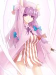  :&lt; arm_up book bow crescent dress hair_bow hat highres hsuliherng long_hair patchouli_knowledge purple_eyes purple_hair solo striped striped_dress touhou vertical_stripes violet_eyes 
