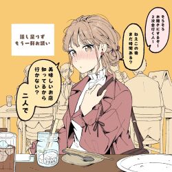  alcohol blush chopsticks earrings japanese_text light_brown_eyes light_brown_hair maria_komaki mason_jar napkin necklace original pink_jacket plate public purse spoon straw yellow_background 