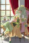  armchair artist_request cup curtains dress frilled_dress frills gloves green_hair grin hair_ribbon high_heels long_hair lowres ponytail ribbon shoes short_sleeves sitting smile solo sword_girls table teacup teapot wavy_hair window yellow_eyes 