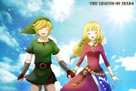  blonde_hair bracelet gloves hand_holding hat holding_hand holding_hands jewelry link long_hair machinosuke nintendo pointy_ears princess_zelda sky skyward_sword smile the_legend_of_zelda 