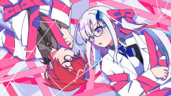  2girls :o ange_katrina ange_katrina_(4th_costume) black-framed_eyewear black_necktie black_ribbon blue-framed_eyewear blue_eyes blue_hair blue_neckerchief bound bow coat collared_shirt colored_inner_hair commentary_request crossed_bangs glasses grey_shirt hair_intakes hair_ornament hair_ribbon highres lapels light_blush lize_helesta lize_helesta_(1st_costume) long_bangs long_hair long_sleeves looking_at_another looking_to_the_side low_ponytail multicolored_hair multiple_girls neckerchief necktie nijisanji notched_lapels open_mouth parted_lips pink_bow pink_ribbon ponytail red_hair ribbon ribbon_bondage rotational_symmetry shirt short_ponytail sidelocks silk spider_web streaked_hair tonton1719 triangle_hair_ornament turning_head two-tone_hair upper_body violet_eyes virtual_youtuber white_coat white_hair white_shirt wrapped_up 