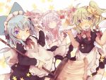  ahoge alternate_costume apron arms_up black_dress blonde_hair blue_eyes blue_hair blush bow cake cirno crossed_arms daiyousei dress enmaided fang flandre_scarlet food fruit green_eyes green_hair hair_ribbon hat hat_ribbon izayoi_sakuya maid maid_headdress masirosu mop multiple_girls open_mouth plate red_eyes remilia_scarlet ribbon short_hair siblings side_ponytail silver_hair sisters star strawberry tears thigh-highs thighhighs touhou white_legwear wings wink zettai_ryouiki 