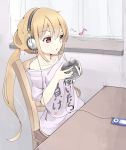  bare_shoulders blonde_hair chair clothes_writing cup curtains digital_media_player futaba_anzu headphones highres holding idolmaster idolmaster_cinderella_girls ipod listening_to_music long_hair musical_note red_eyes snowflyer solo table twintails window 