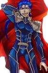  bad_id blue_hair cape earrings fangs fate/stay_night fate_(series) gae_bolg jewelry lancer long_hair male pauldrons polearm ponytail red_eyes s_gentian solo spear weapon 