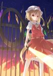  blonde_hair bow fence fire flame flandre_scarlet hat hat_ribbon highres laevatein night night_sky red_eyes ribbon sakurea shirt short_hair side_ponytail skirt skirt_set sky solo star_(sky) sword the_embodiment_of_scarlet_devil thigh-highs thighhighs touhou weapon white_legwear wings zettai_ryouiki 