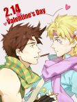  1boy 2boys blonde_hair blue_eyes brown_hair caesar_anthonio_zeppeli dated facial_mark feathers fingerless_gloves gloves green_eyes hair_feathers headband heart highres jojo_no_kimyou_na_bouken joseph_joestar_(young) multiple_boys ninetin pocky pocky_kiss scarf shared_food solo valentine yaoi 