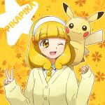  1girl 1other ;d animal blonde_hair cardigan creatures_(company) crossover enu_(spinal) floral_background game_freak hairband kise_yayoi mouse nintendo olm_digital ootani_ikue open_mouth pika_pika_pikarin_jankenpon pikachu pokemon pokemon_(creature) power_connection precure seiyuu_connection short_hair smile smile_precure! studio_connection v wink yellow yellow_background yellow_eyes 