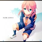  androgynous bad_id blue_eyes footwear hage_ta inazuma_eleven inazuma_eleven_(series) inazuma_eleven_go kirino_ranmaru letterboxed male pillarboxed pink_hair shorts sitting soccer_uniform socks solo title_drop track_suit trap twintails 