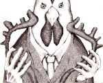  antlers bird chicken formal holding monochrome multiple_boys necktie original reindeer reindeer_antlers suit traditional_media white_background yonezu_kenshi 