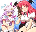  alternate_costume arm_up bat_wings blush breasts buruma crescent fang flx fork gym_uniform hair_ribbon hat head_wings koakuma large_breasts lizard long_hair multiple_girls obentou open_mouth patchouli_knowledge purple_eyes purple_hair red_eyes red_hair redhead ribbon rice shirt shorts smile stick the_embodiment_of_scarlet_devil thigh-highs thighhighs touhou violet_eyes white_legwear wings 