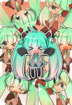  blue_eyes chibi detached_sleeves fang green_hair hatsune_miku highres long_hair mami_(sweetcandy) necktie open_mouth outstretched_arms skirt sleeves_past_wrists spread_arms thigh-highs thighhighs twintails very_long_hair vocaloid 