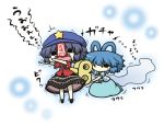  blue_hair chibi dress hair_rings hat jiangshi kaku_seiga kurokoori miyako_yoshika multiple_girls o_o ofuda outstretched_arms purple_hair solid_circle_eyes sweatdrop teeth touhou translation_request trembling winding_key zombie_pose 