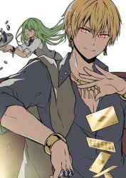  1boy 1other androgynous blonde_hair blue_shirt bracelet card commentary_request couch dropping earrings enkidu_(fate) enkidu_(fly_off)_(fate) fate/grand_order fate_(series) gilgamesh_(caster)_(fate) gilgamesh_(establishment)_(fate) gilgamesh_(fate) green_eyes green_hair grey_vest holding holding_tray jewelry long_hair necklace playing_card poker_chip red_eyes shirt sleeves_rolled_up smile tray tripping vest yoyo_9ea 