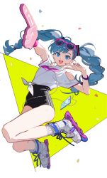  1girl ankle_socks bare_shoulders black_shorts blue_eyes blue_hair blue_nails boots bracelet braided_twintails cellphone clothing_cutout confetti earphones earphones eyelashes eyewear_on_head floating_hair foam_finger front-tie_top full_body hair_ornament hair_tie happy hatsune_miku high-waist_shorts highres jewelry jumping listening_to_music long_hair multicolored_nails nail_polish open_mouth phone pink-framed_eyewear pink_nails requiem_(requiem_art) roller_skates shirt short_shorts short_sleeves shorts shoulder_cutout skates smartphone smile socks solo sunglasses swept_bangs teeth triangle turtleneck turtleneck_shirt twintails upper_teeth_only v very_long_hair vocaloid white_background white_boots white_shirt white_socks 
