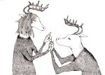  1girl antlers black_hair closed_eyes couple dress eyes_closed formal hand_holding holding_hands monochrome original reindeer reindeer_antlers suit traditional_media white_background yonezu_kenshi 