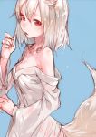  alternate_costume animal_ears bare_shoulders bust fingernails inubashiri_momiji long_fingernails naked_sheet naked_shirt off_shoulder red_eyes short_hair sigure_(drizzle) silver_hair simple_background solo tail touhou wolf_ears wolf_tail 