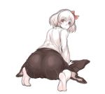  all_fours ass blush feet from_behind hair_ribbon kuro_suto_sukii looking_back monochrome red_eyes ribbon rumia short_hair simple_background skirt solo the_embodiment_of_scarlet_devil touhou youkai 