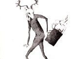  antlers bag commentary failure formal looking_back male monochrome original paper pen reindeer reindeer_antlers solo suit surprised traditional_media white_background yonezu_kenshi 