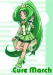  bike_shorts bowtie brooch character_name choker circlet cure_march dress green green_background green_dress green_eyes green_hair hair_tussle jewelry long_hair magical_girl midorikawa_nao nanjou_akimasa ponytail precure shoes shorts_under_skirt skirt smile smile_precure! solo tri_tails very_long_hair wrist_cuffs 