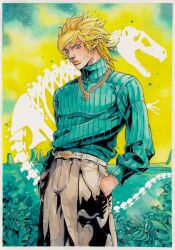  1boy absurdres araki_hirohiko_(style) blonde_hair chain character_name cracked_skin diego_brando dinosaur_skeleton gold_chain green_eyes green_sweater grey_pants highres jojo_no_kimyou_na_bouken looking_at_viewer messy_hair painting_(medium) pants ribbed_sweater scary_monsters_(stand) steel_ball_run stone_mask_(jojo) sweater traditional_media turtleneck turtleneck_sweater watercolor_(medium) xfkart 