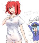  &#9320; &gt;_&lt; :d ? blue_hair bottomless bra cirno clothes_thief contemporary d: d; hair_bobbles hair_ornament hat kanaria_(artist) lingerie multiple_girls naked_shirt no_bra no_pants onozuka_komachi open_mouth police police_uniform red_eyes red_hair redhead see-through short_twintails smile t-shirt theft tori_(minamopa) touhou translated twintails two_side_up underwear underwear_thief uniform white_bra wink ã¢â€˜â¨ â‘¨ 